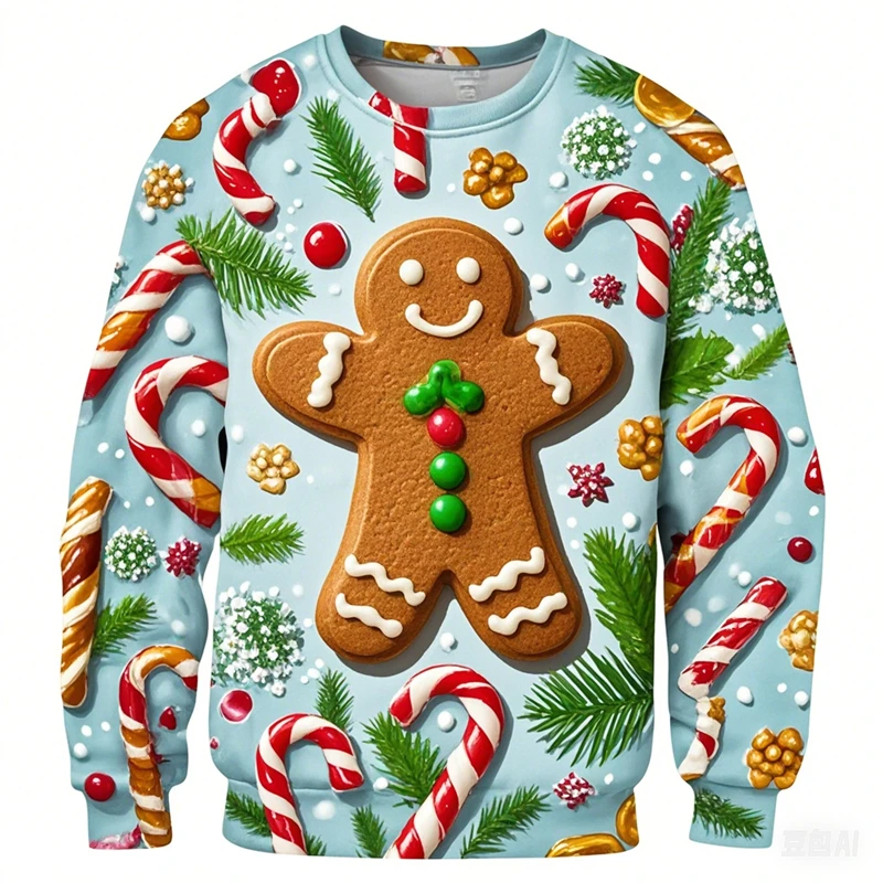 Fashion 3D Cartoon Gingerbread Ugly Sweater Trendy Christmas Clothing Pullover Top Unisex Autumn Casual Fashion Xmas Sweatshirt