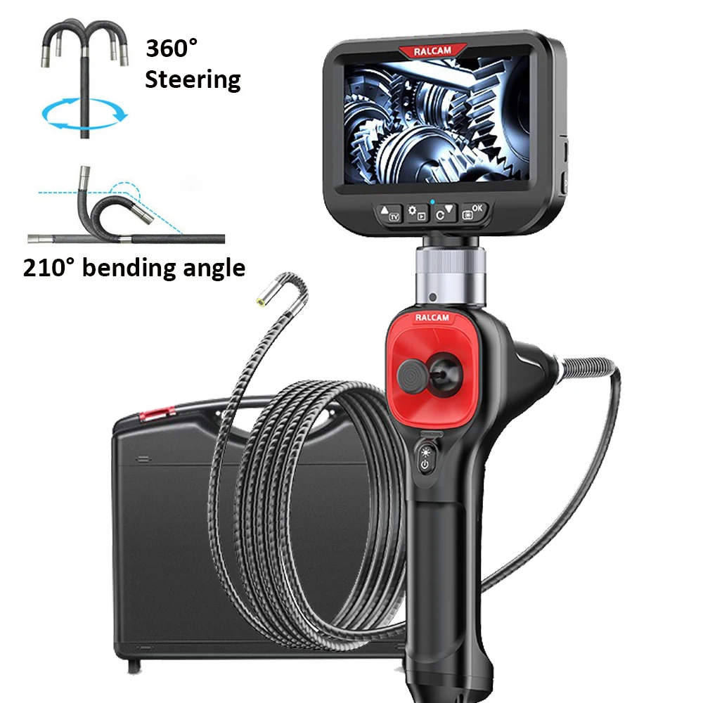 Ralcam 360° Articulating Borescope IP67 4.3 Inch IPS Screen 6.2mm Lens 4 Way Steering Automotive Endoscope Inspection Camera