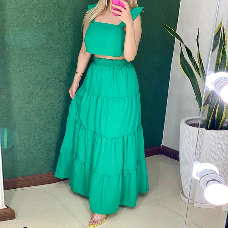 

Women's Dress 2023 Summer New Product Fresh Sweet Short Vest Top High Waist Pile Skirt Skirt Half Length Skirt Two-piece Set