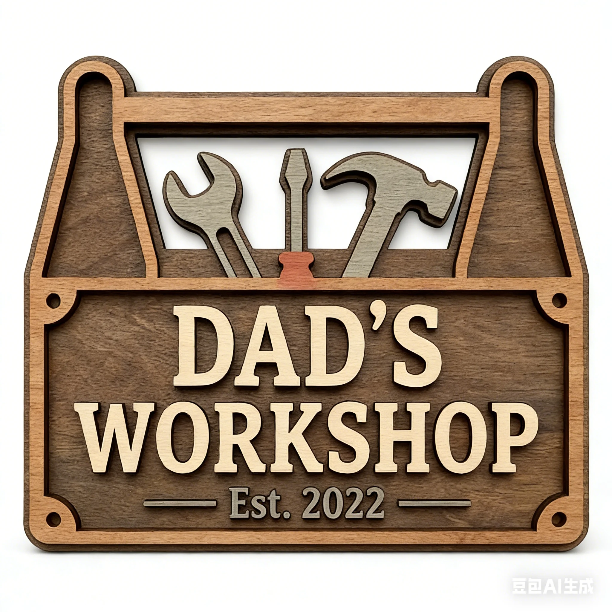 Custom Dad's Workshop Wooden Sign - Personalized Toolbox Shape Plaque with Wrench Hammer Screwdriver, Engraved 
