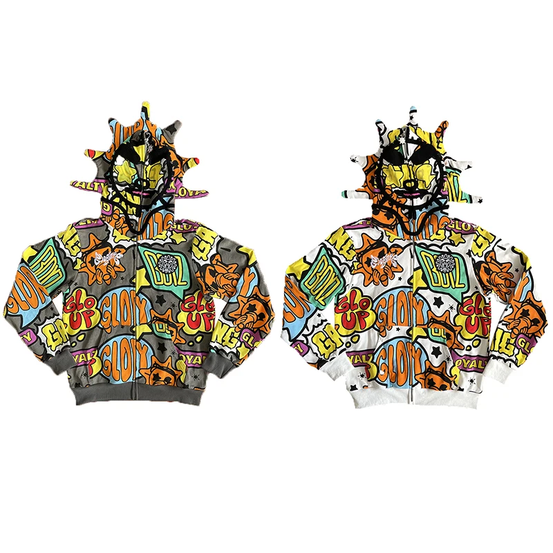 

Glo Gang the Glory Full Zip Hoodie Cartoon Multicolor Print Zipper Sweatirt Straight Leg Fit Hooded Youth Faion Spring Au...