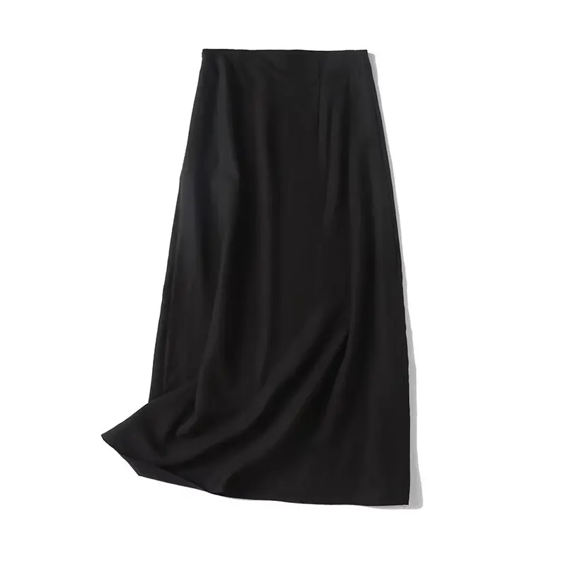 Dave&Di French Minimalist Black Cotton Linen Skirt Women Fashion Commuter High Waist Straight Midi Skirts Womens