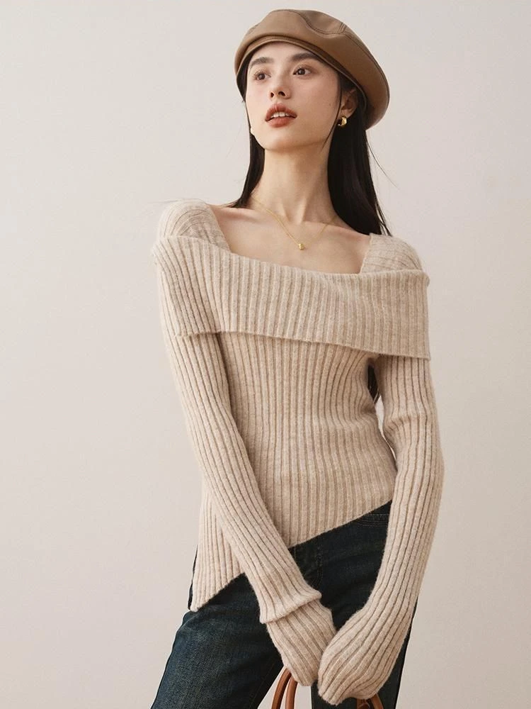 French Elegant Pullovers Irregular Slash Neck Long Sleeve Solid Color Female Slim Sweater All Match Autumn Winter Women Clothing