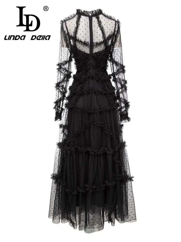 LD LINDA DELLA Summer Vintage Elegant Party Dress Women\'s Black Striped High Waist Button Hollow Out Print Dissymmetry Dress