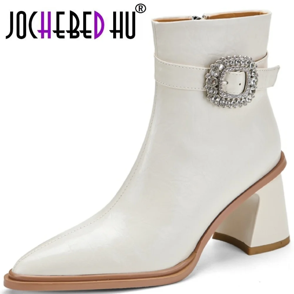 

【JOCHEBED HU】Handmade Genuine Leather Soft and comfortable Ankle Boots for Women Heeled Pointed Toe Autumn Winter Shoes 34-40