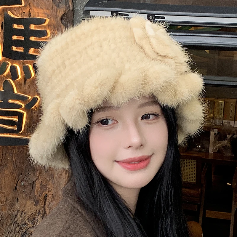 Topi Bulu Mink Asli 100% untuk Wanita, Topi Bucket Musim Dingin Penghangat, Topi Bulu Mink Asli Rajutan Alami Mewah untuk Wanita