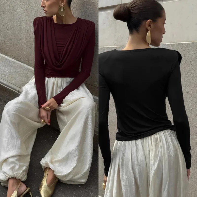 

Elegant Women's Long Sleeve T Shirt Draped Neckline Slim Fit Soft Fabric Tunic Top For Autumn Daily Casual Office Fashion Wear