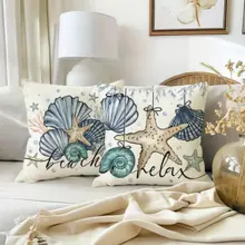 VIKAMA Beach Ocean Theme Pillow Covers Starfish Shell Print Decorative Throw Pillow Cases for Sofa Bedroom Car 18x18 Inch