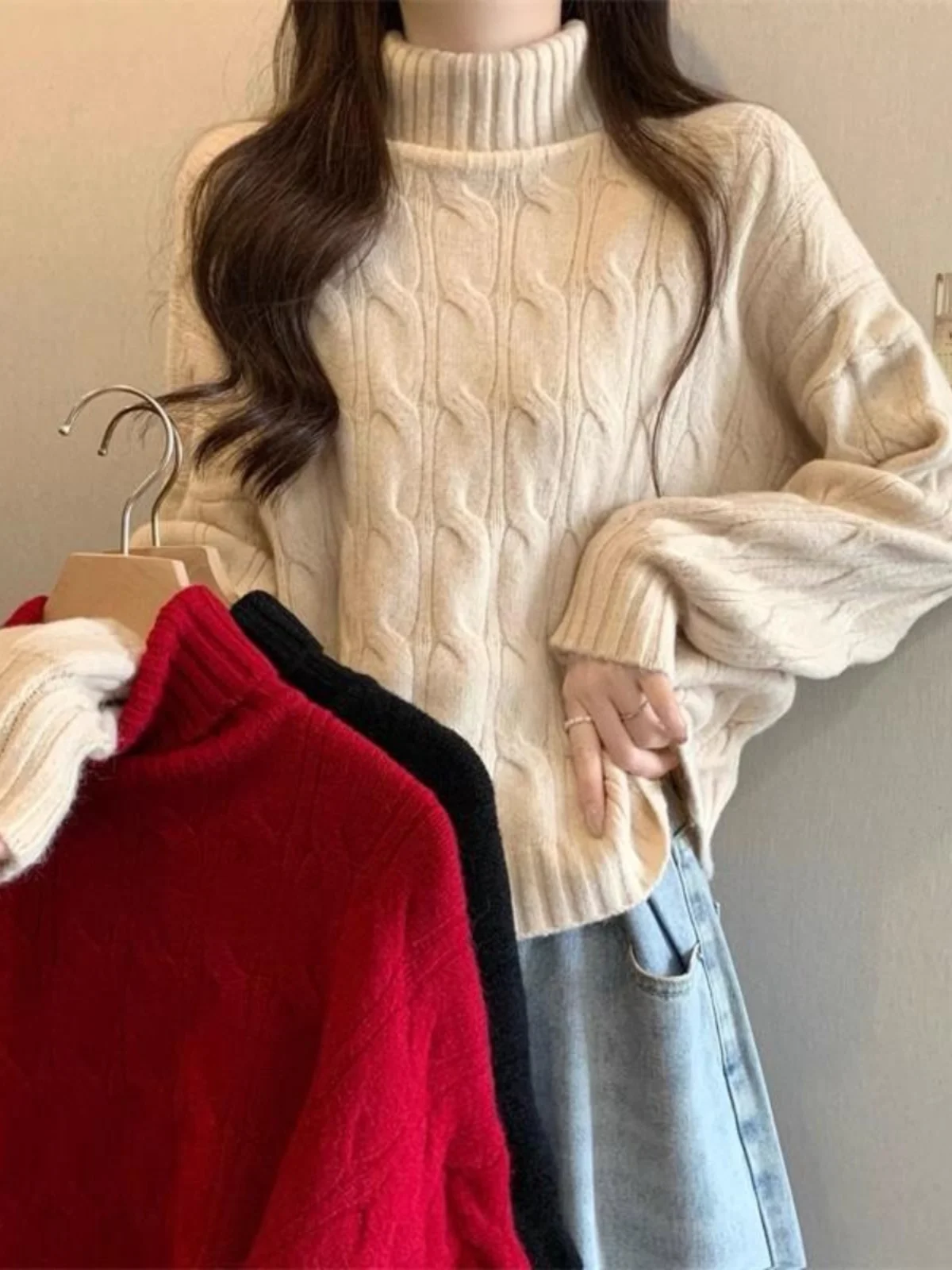 

Red Twist Knitted High Collar Sweater Women's Autumn Winter Small Size Nian Year Zodiac Year Inner Wear Top Commute Sle Loo...