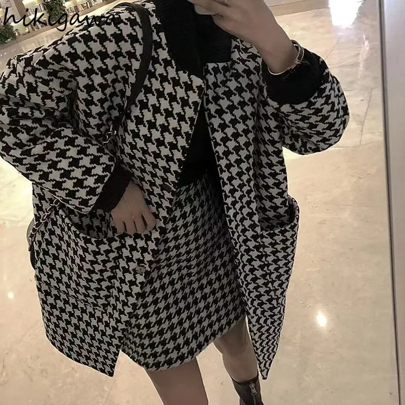 Two Piece Sets Womens Outifits Temperament Skirts Suit O-neck Oversized Jackets High Waist Bodycon Mini Skirt Plaid Vintage Set