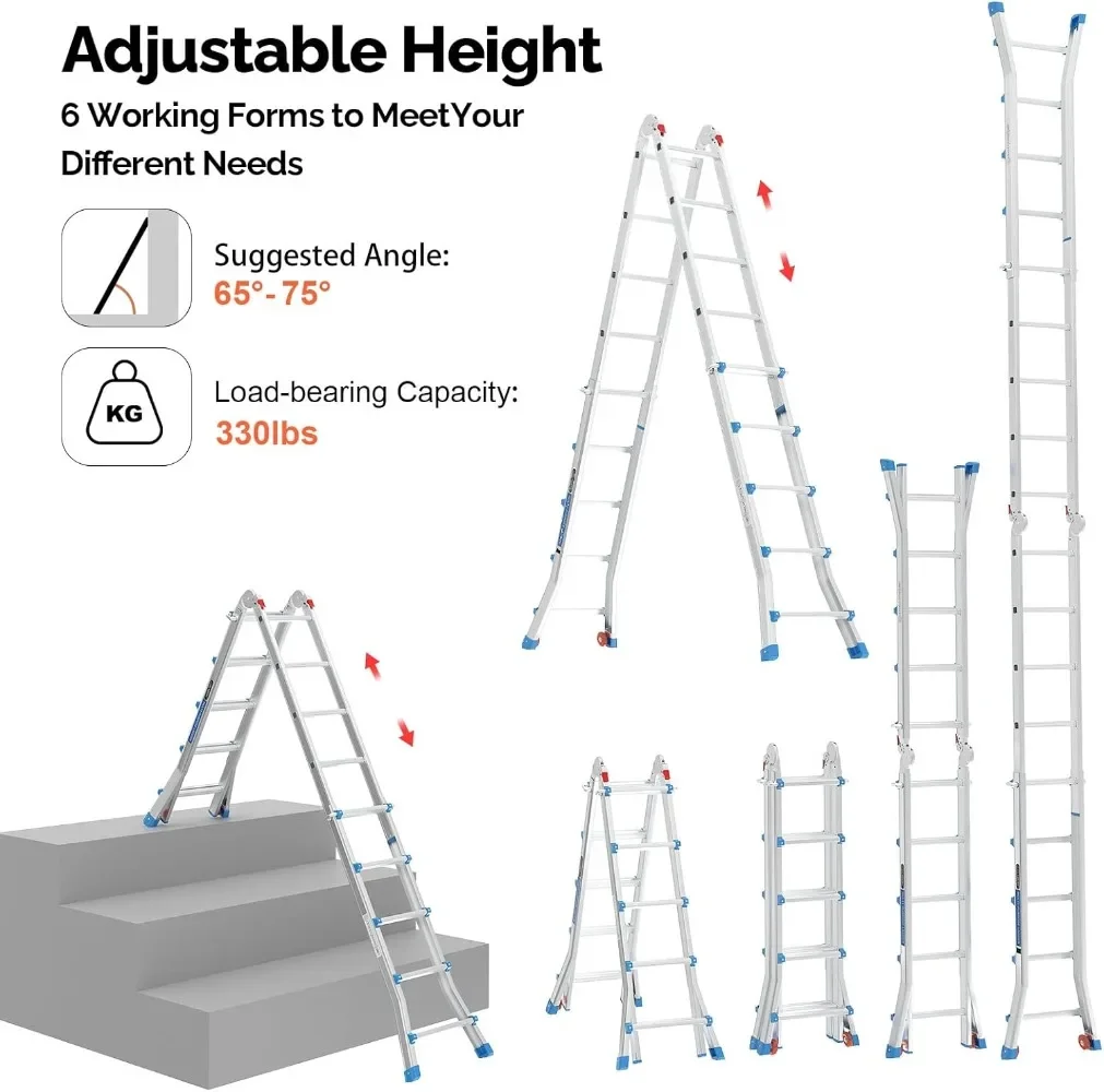 A Frame 5 Step Ladder Telescoping Ladder, 19 Ft Reach Height Muti Position Folding Ladder Flared Leg & Wheels Design