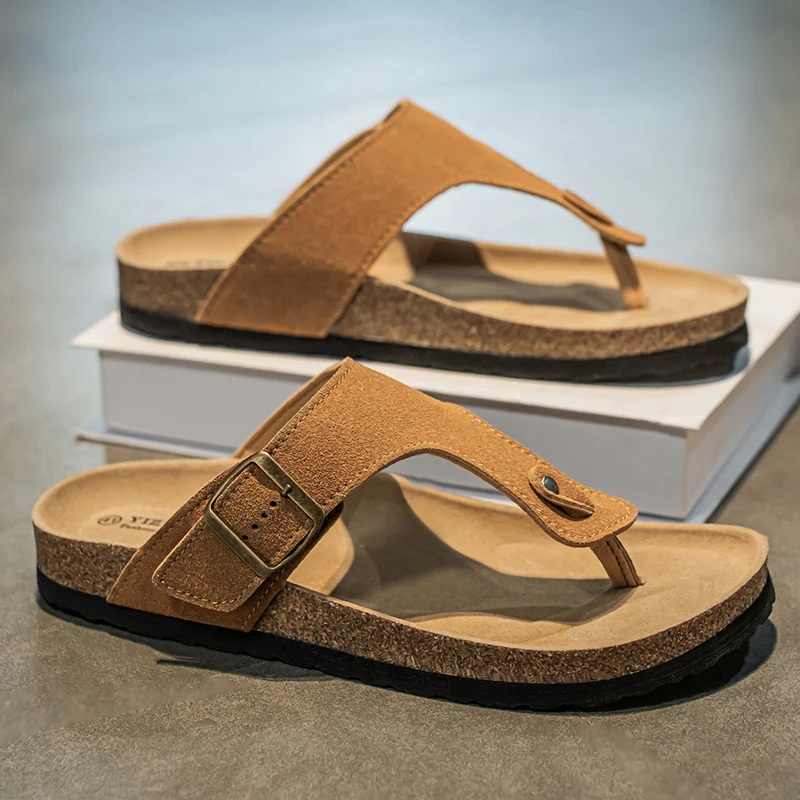 

Summer Men's Thong Slippers Outdoor Casual Beach Sandals Soft Wood Sole Comfortable Slip-On Water oes Breathable Fooed