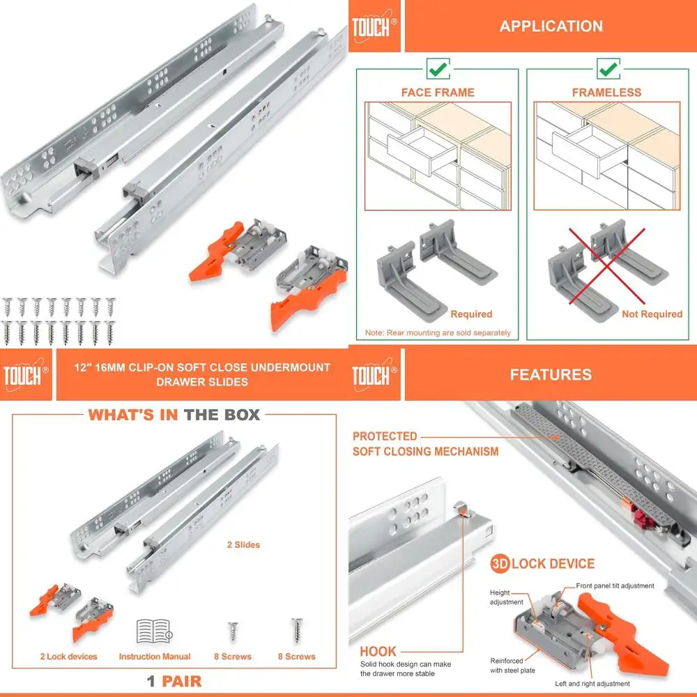 

Направляющие для ящиков под креплением, самомягкая закрывающаяся пара, 12 дюймов, для боковых панелей 1/2 и 5/8, кухонная фурнитура для скрытых ящиков