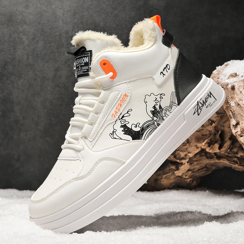 

Plush Men's Skate Flat Shoes Fleece-lined Leather Casual Board Shoes Workwear Sneakers Low-Top Fur Slip-Ons Skateboard