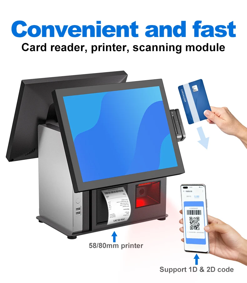 Compact POS System 15.6 Inch POS Terminal Integrated Printer Scanner Module Aluminum Base Support Windows 10 11 for Store