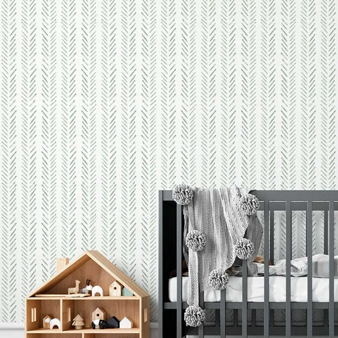 Peel and stick Hand Drawn herringbone wallpaper in light Green, Scandinavian design, removable wall paper