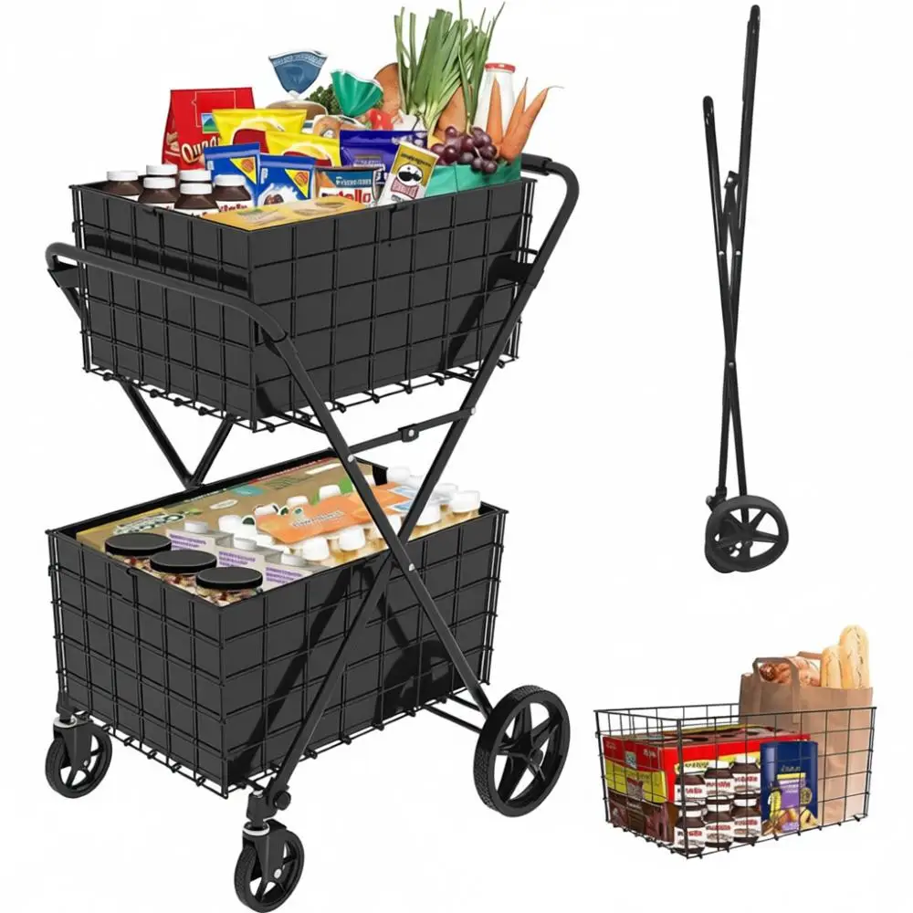 

Тележка для покупок с съемными корзинами, 2-уровневая, с водонепроницаемым вкладышем, из прочной нержавеющей стали, 360° ° Поворотные колеса для продуктов и оборудования