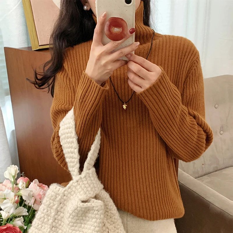 New Thick Half High Collar Bright Silk Sweater For Women With Lazy Style Solid Color Base Knitted Sweater Versatile