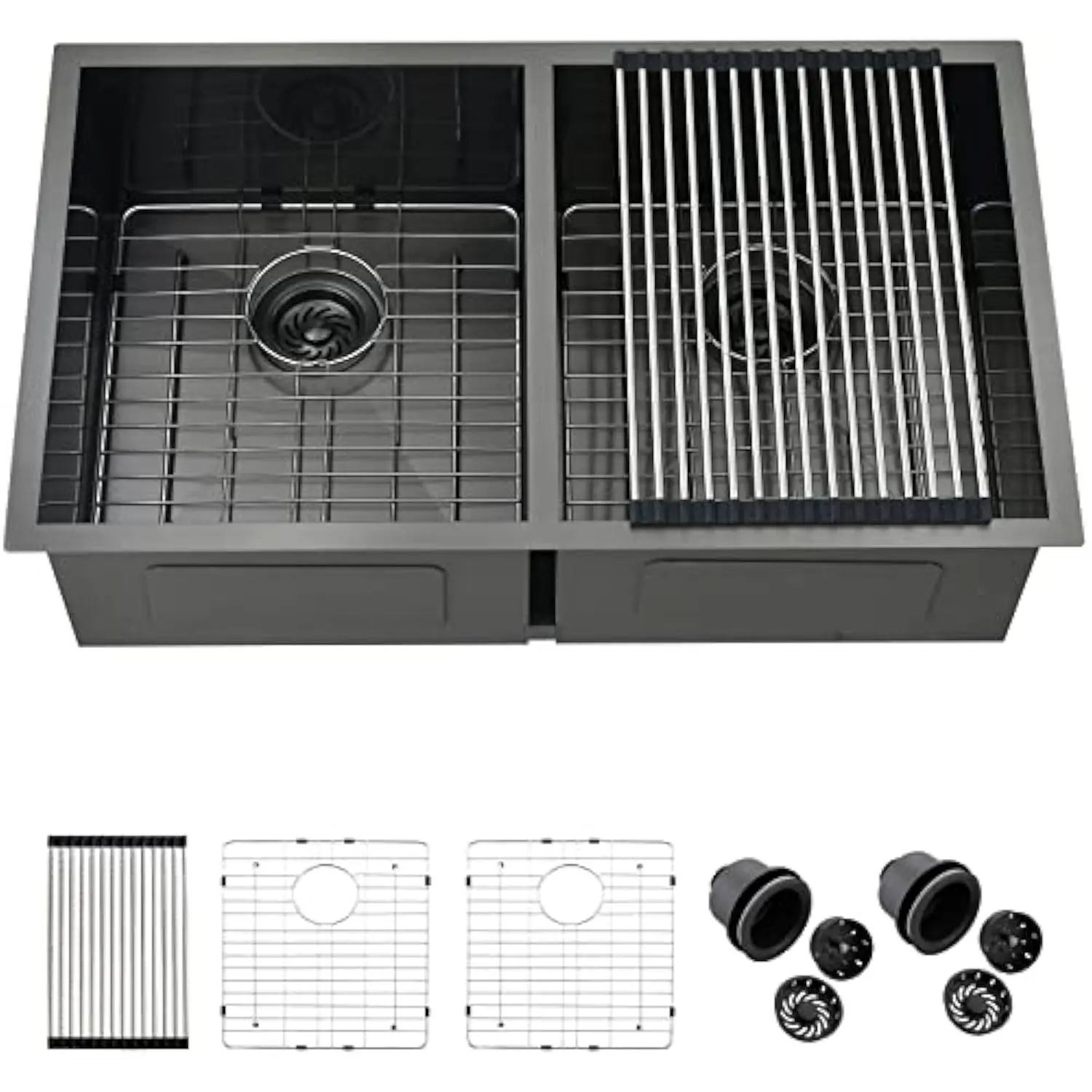 

32 Black Undermount Double Bowl Kitchen Sink, 32 X 19 X 10 Inches 16 Gauge T304 Black Stainless Steel Double Bowl Kitchen Sink