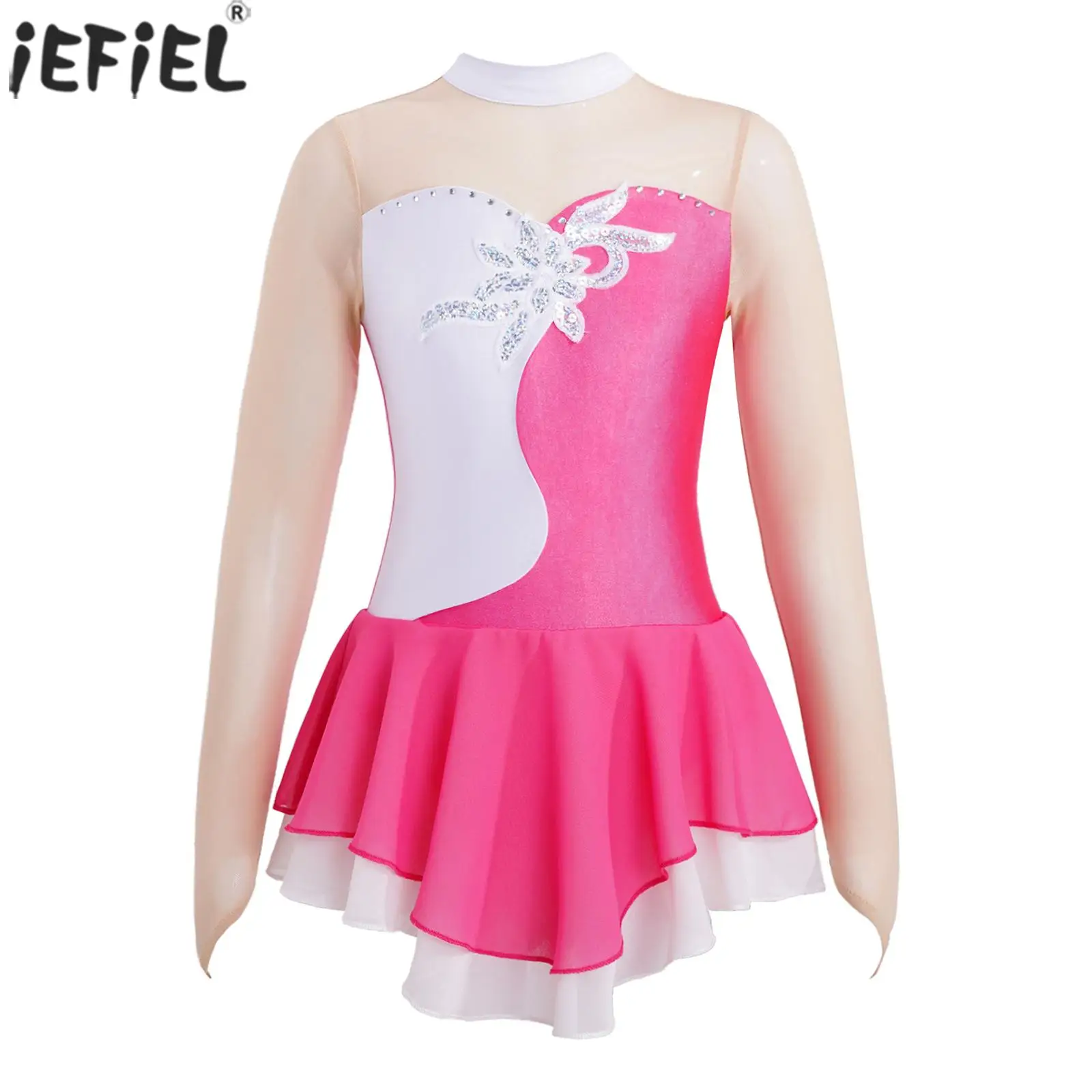 

Kids Girls Figure Skating Dress Ballet Dance Gymnastics Leotard Long Sleeve Rhinestone Dancewear Competition Performance Costume