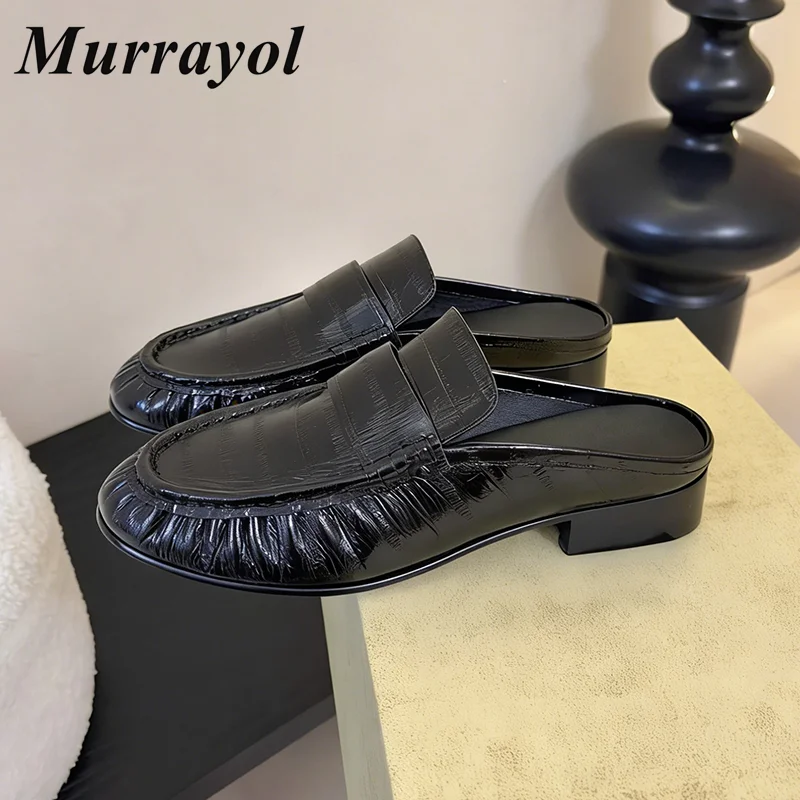Half Slipper Women Genuine Leather Pleated Design Closed Toe Low Heel Mules Spring Summer Casual Versatile Single Shoe lazy Shoe