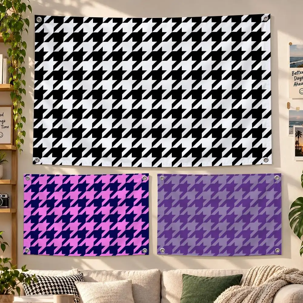 Houndstooth Check Pattern Flags Banner For Camping Decoration Outdoor & Garage Wall Hanging Decorations
