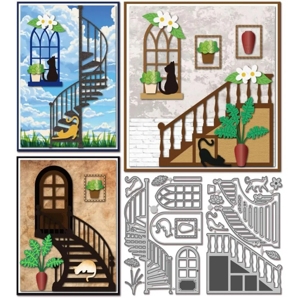 Treppen- und Fenster-Stanzformen für die Kartenherstellung, Katzen und Pflanzen, Stanzform für DIY Scrapbooking, Tagebuch, Prägung, Papier, Basteln, Dekor