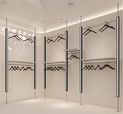 Clothing store display shelves, wall columns, display shelves with lights, illuminated hanging clothes racks