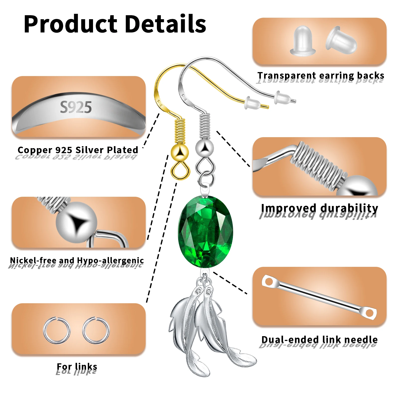 Ganchos de brinco banhados a prata/ouro 925 para fazer joias, kit de fabricação de brincos hipoalergênicos de 900 peças, descobertas de brincos, anéis de salto