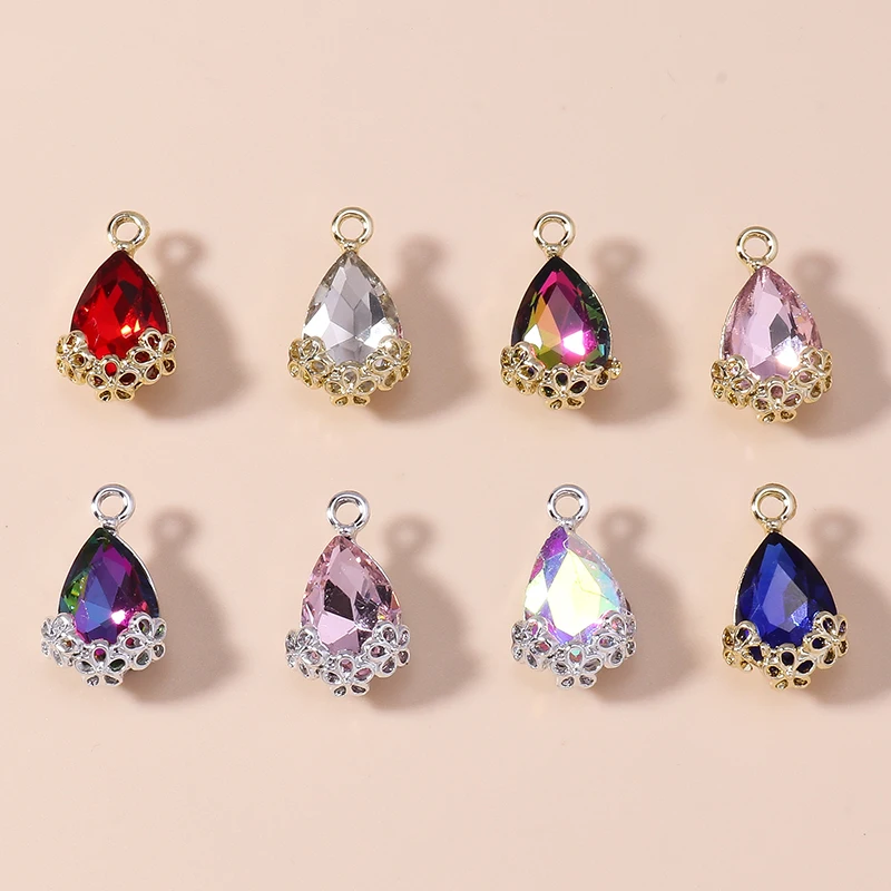 10 Stück luxuriöse Statement-Charms mit großem Zirkon, Wassertropfen, Vintage-Blumen, königlich glänzende Kristall-Anhänger für die DIY-Schmuckherstellung – Detail 1