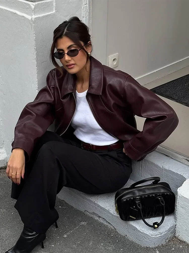 2025 Fashion Retro Solid Crop Pu Leather Jacket Women Lapel Long Sleeve Zipper Motorcycle Coat Autumn Female High Street Outwear