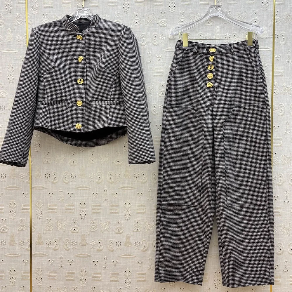 

2025 Women's Winter Jacket + Pants 2-Piece Set Plaid Single-Breasted Casual High-Quality Ladies Top Coat + Casual Pants Set y2k