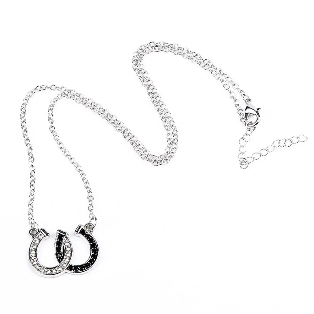 1X Rhinestone Double Horse Hoof Pendant Necklace Jewellery Black White