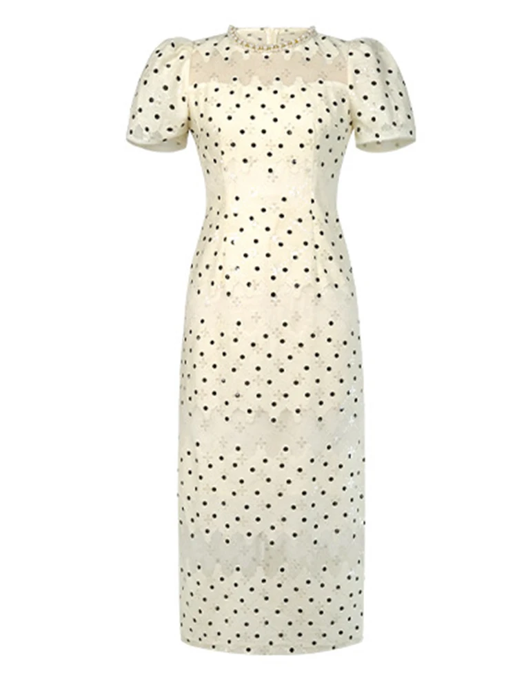 Women Clothes Retro Lace Dot Print Sheer Pearl O-Neck Slim Midi Pencil Dress Elegant Lady Fashion Party Vestidos Formal Occasion
