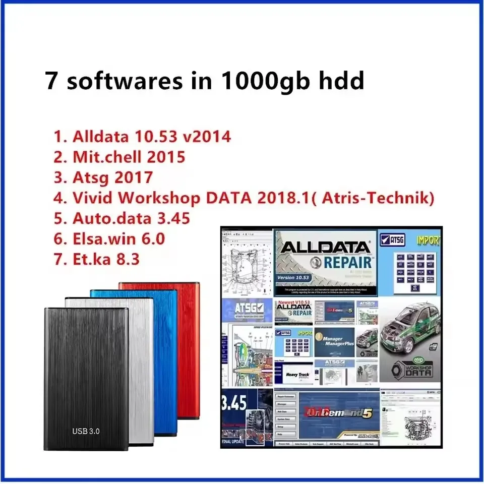 

ADM Hot Selling Alldata 10.53+ Autodata 3.45 Mi.chel 2015 ATSG Vivid Workshop 2018 ElsaWin 6.0 Auto Repair Software 7in 1TB HDD
