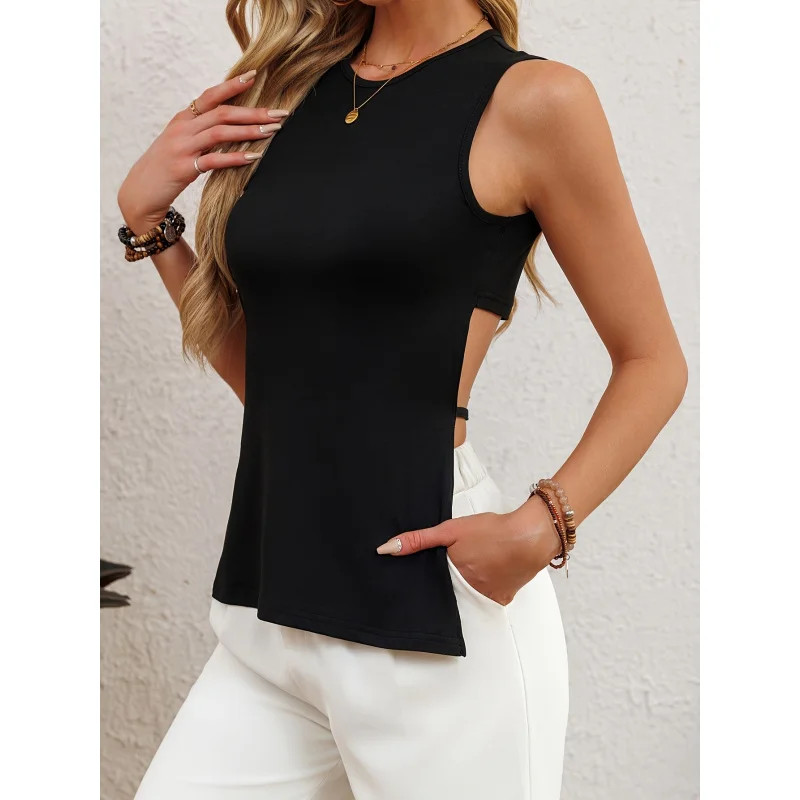 

Solid Backless Asymmetric Hem Top, Elegant Sleeveless Crew Neck Slim Top, Women's Clothing