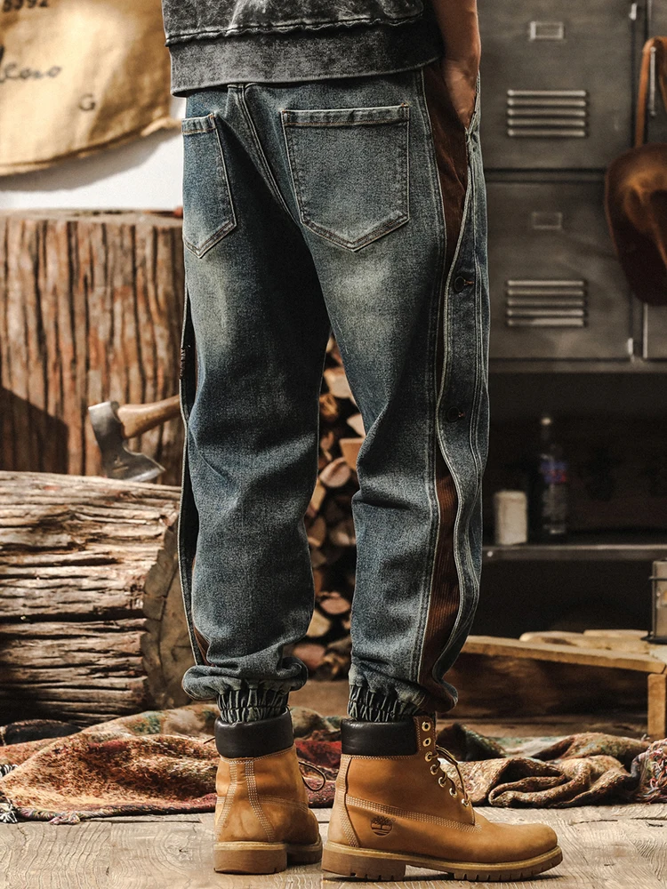 الرجعية الأمريكية Sle الرجال الجينز فضفاضة تناسب المرقعة عمال ربيع الخريف بناطيل كاجوال