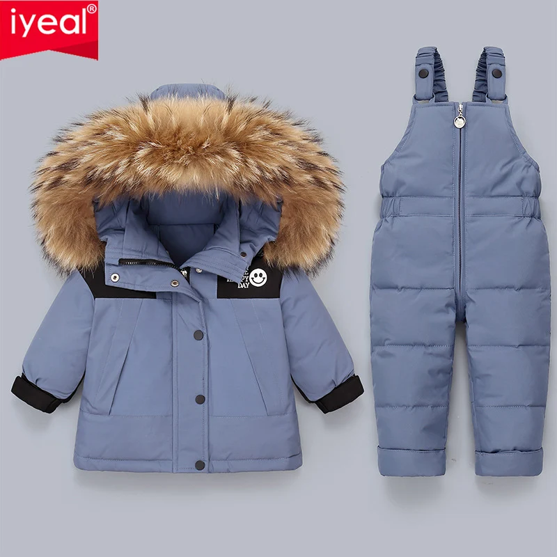 

IYEAL -30 Degree Winter Kids Clothing Sets Big Fur Hooded Down Coat + Overalls Children Warm Snowsuit For Girls & Boys 1-4 Years