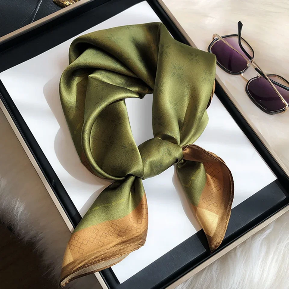 

Dark Green Printed Square Scarf Plain Floral Pattern Simple Silk Neckerchief Elegant Bandana Women Head Wrap Scarves