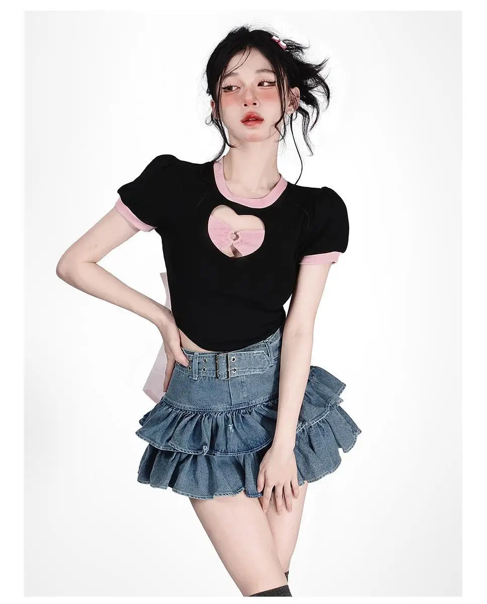 Love Hollow Card Waist Small Shirt Short Sleeved T Shirt Female New Bow Bubble Bubble Sleeve Hot Girl Slim Short Top