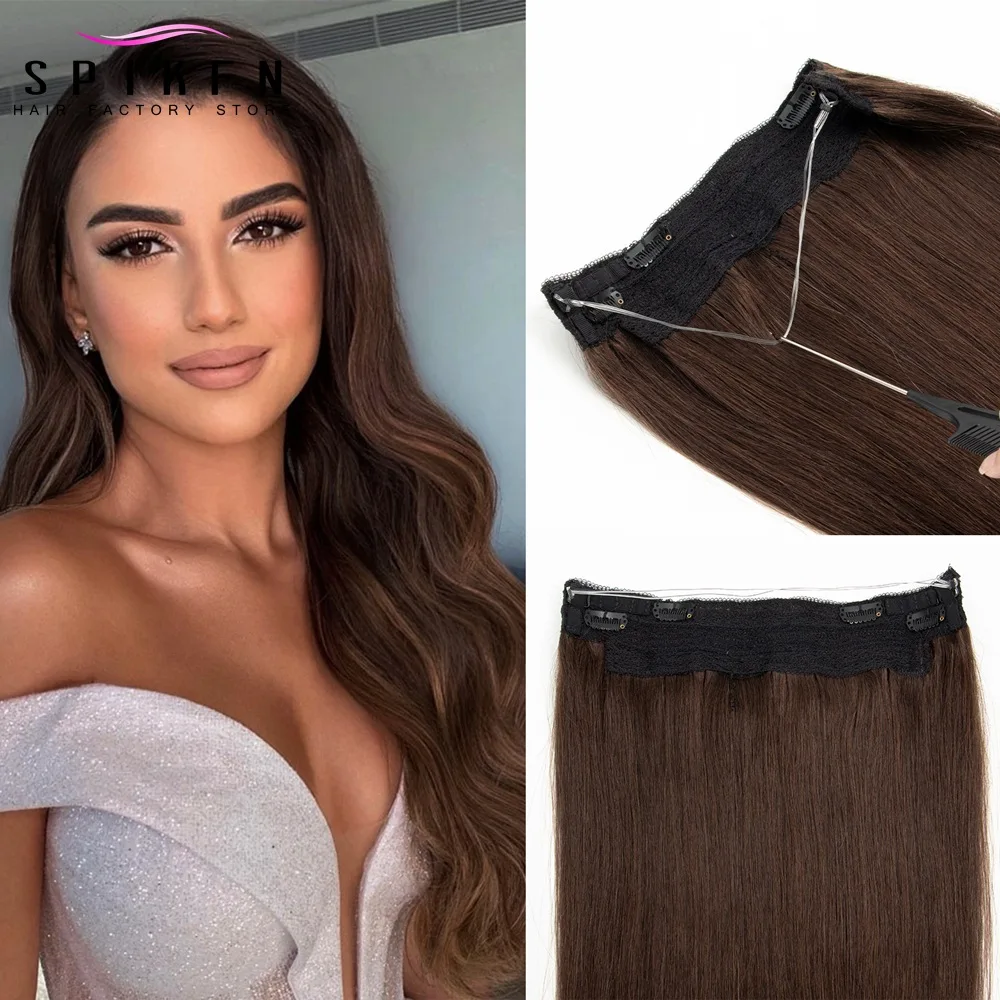 Wire in Hair Extensions Human Hair Invisible Clip in Hair Extensions 12-24 Secret Headband Fish Line in Hair Extensions