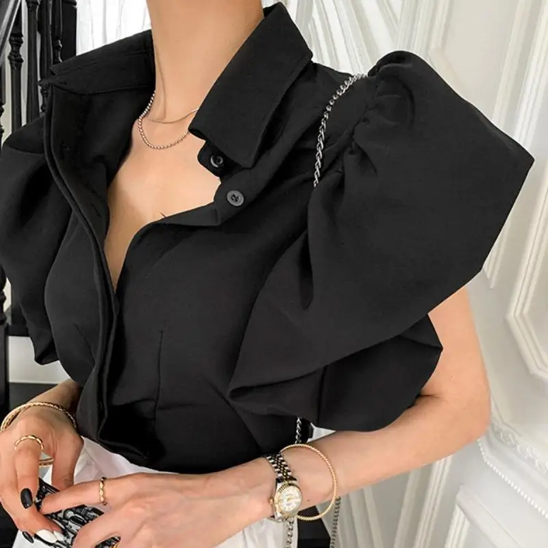 

Summer Light Familiar Style Temperament Lapel Single-breasted Design Sense Palace Style Puff Sleeve Shirt Top Women