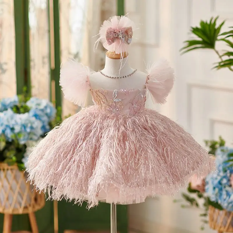 New Gorgeous Girls' Special Occasion Dress Flower Girl Wedding Dress Pink Flying Sleeves Imitation Feather Pie Evening Dress