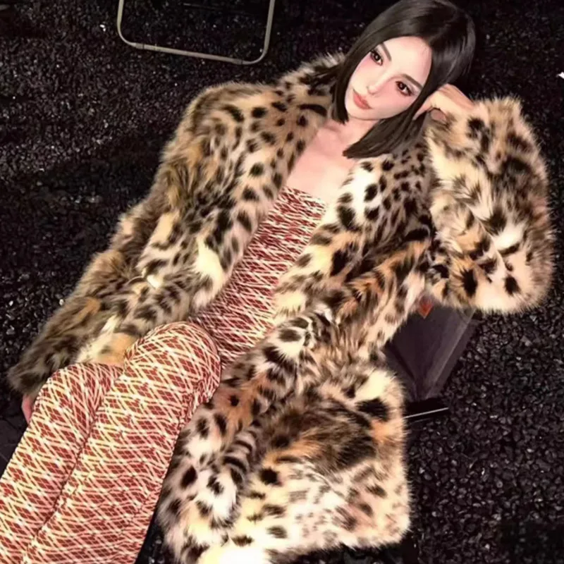 EAEOVNI Cappotto lungo in pelliccia moda leopardo donna streetwear caldo giacca vintage in colore a contrasto temperamento inverno nuovi vestiti