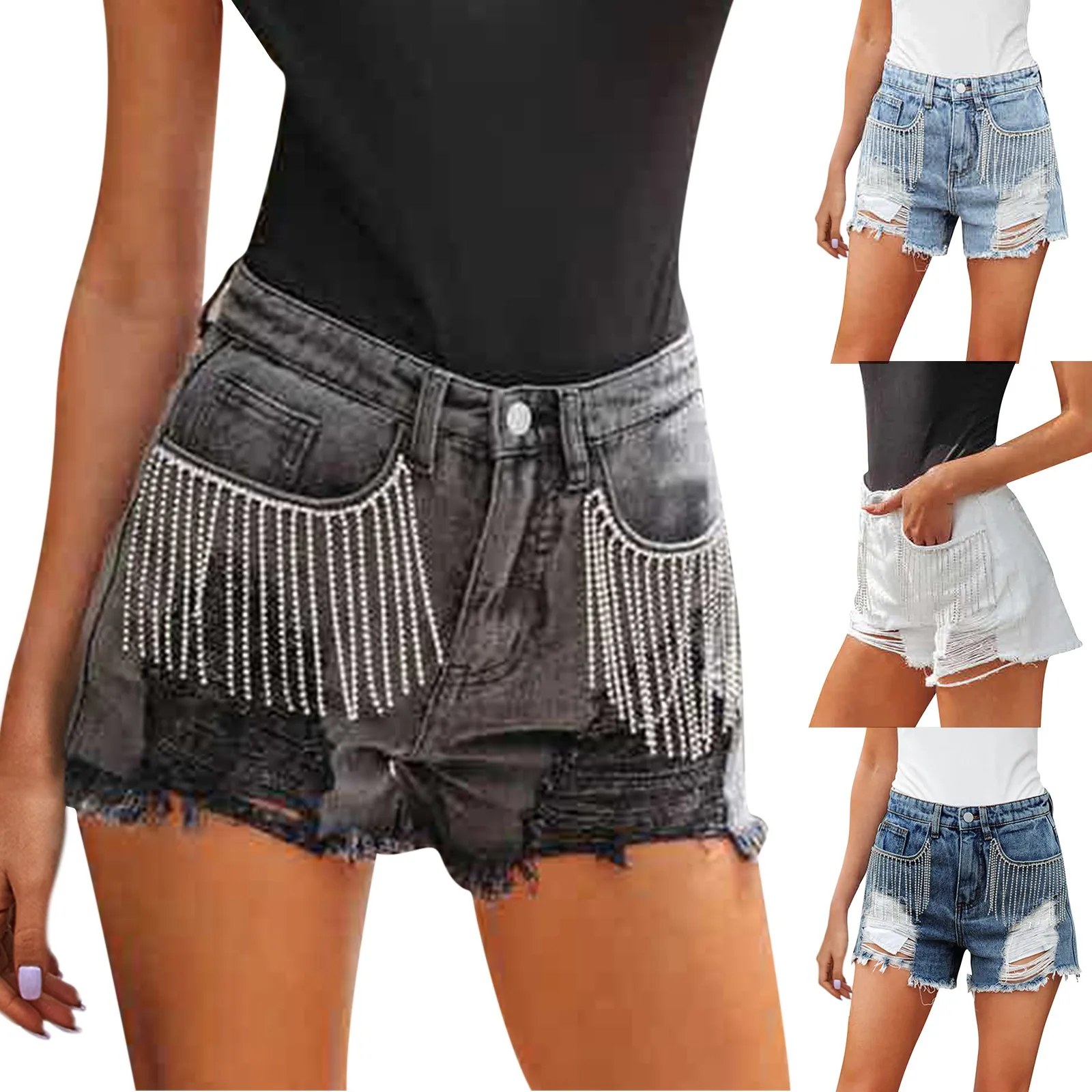 Summer Fashion Tassel Chain Splicing Broken Holes Denim Shorts Girls Streetwear Old Style Performance Costumes