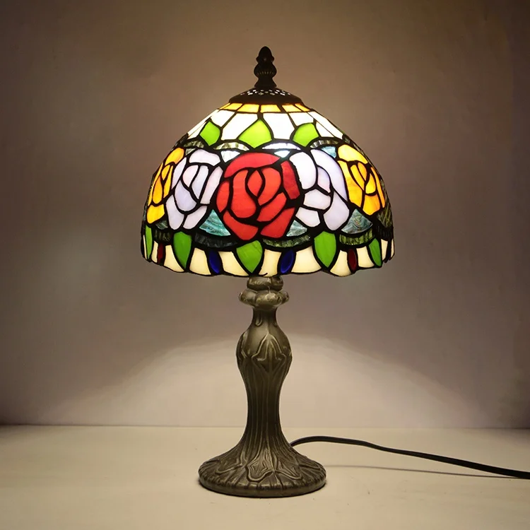 

House Lighting Handmade Rose Stained Glass Lampshade Table Lamp Art Glass Desk Lamps for Home Decoration