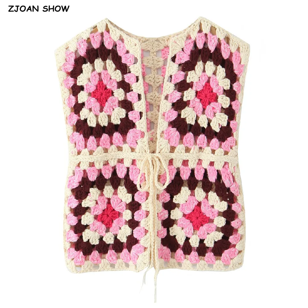 

2025 BOHO Colored Plaid Flower Hand Crochet Ethnic Cardigan Woman O neck Tie Bow Front Open Sleeveless Sweater Knitwear Jumper