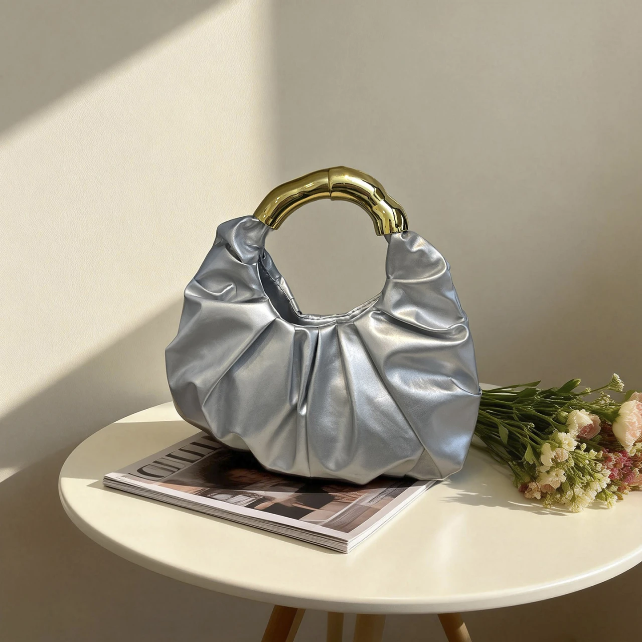 

Elegant Glamorous Cloud Bag Solid Color Women Handbag Wrinkled Soft PU Leather Dinner Bag for Prom Banquet