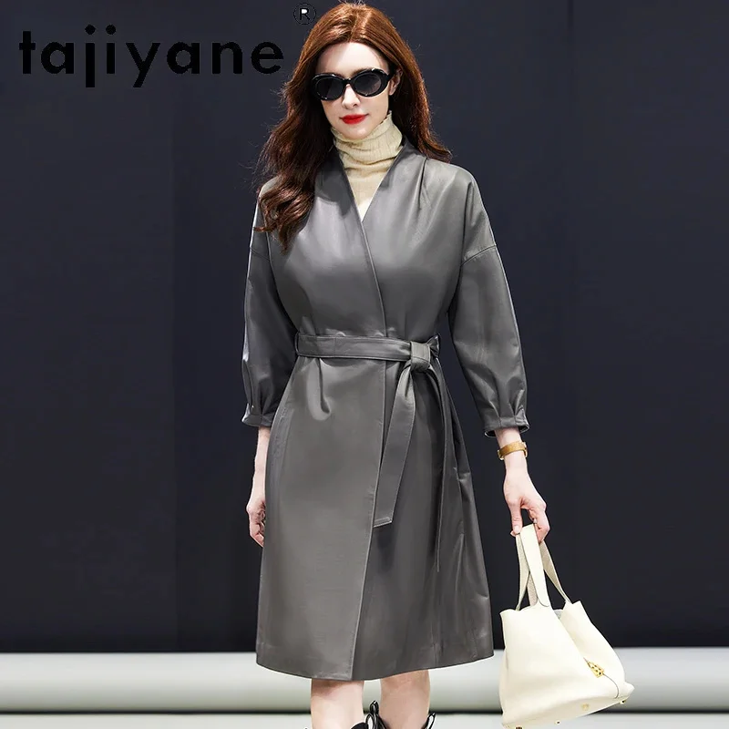 

Brand Tajiyane Top Genuine Sheepskin Trench Coat for Women Fall Winter Windbreaker V-Neck Long Real Leather Jacket Female Coats