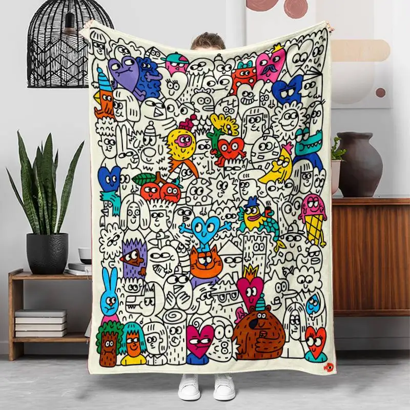 Cute Graffiti Doodle Colorful Cartoon Creature Pattern Flannel Blanket Light Cover Couch Bed Daily Household Home Usage Ideas